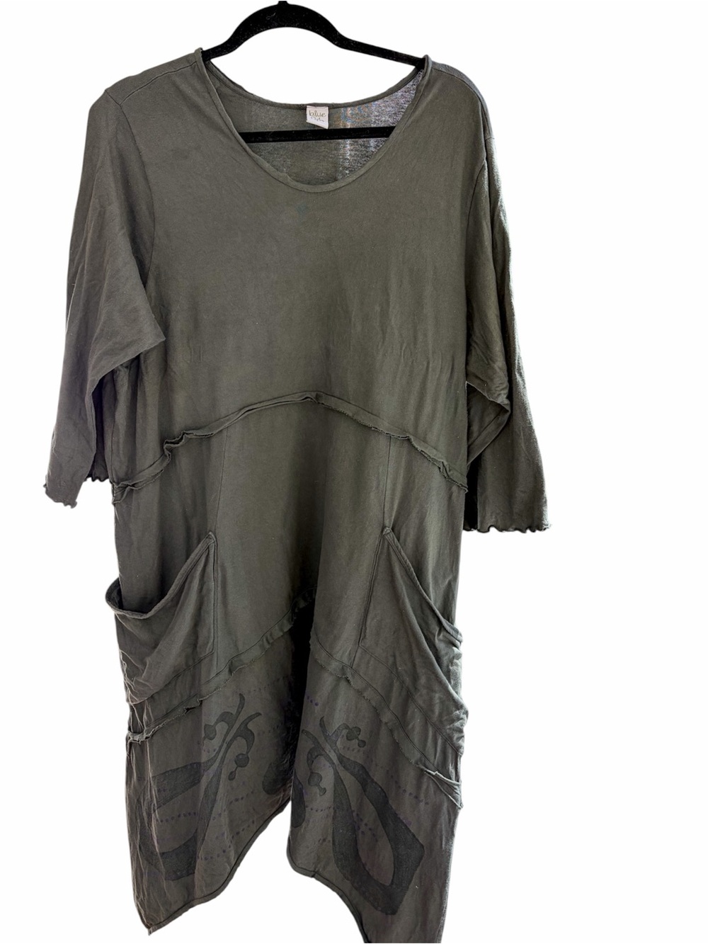 Blue Fish Lagenlook Tunic Dress 2 Olive Raw Seam Asym Pocket Art to Wear